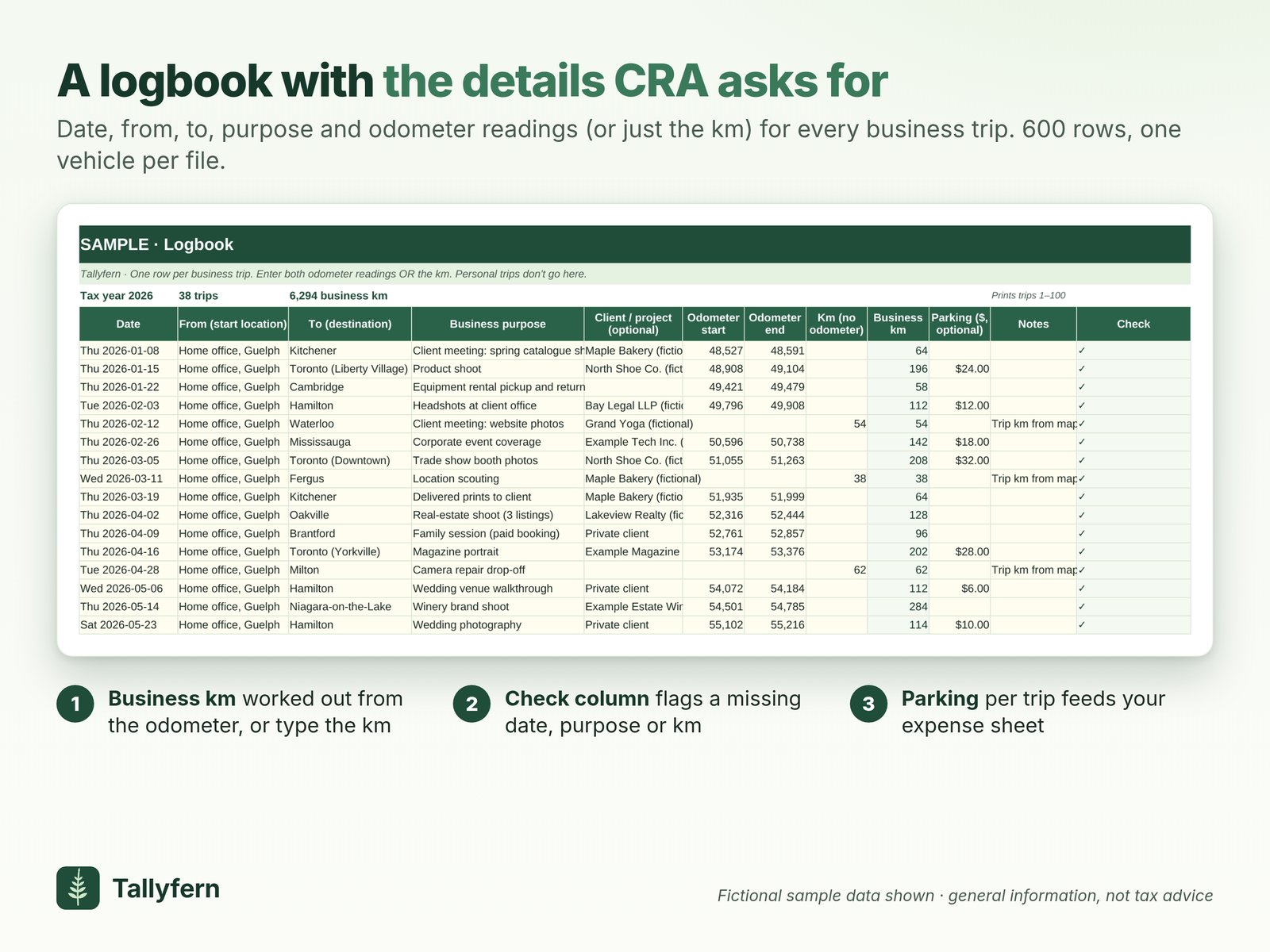 The Logbook sheet with fictional sample trips: date, from, to, business purpose, client, odometer readings or km, business km, parking and a check column. 600 rows, one vehicle per file.