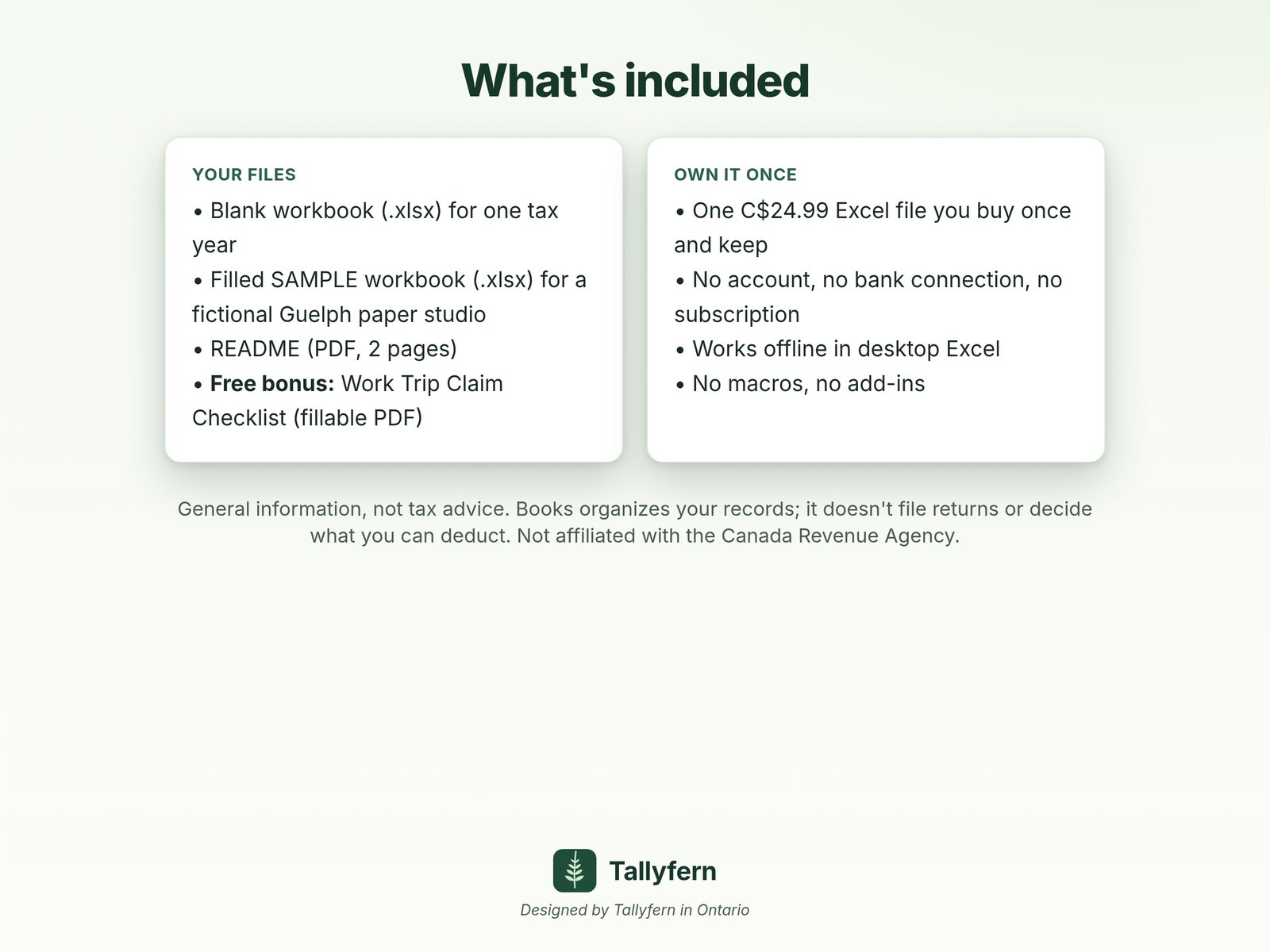 What’s included: a blank workbook, a filled sample workbook, a README (PDF) and the free Work Trip Claim Checklist. General information, not tax advice; not affiliated with the CRA.