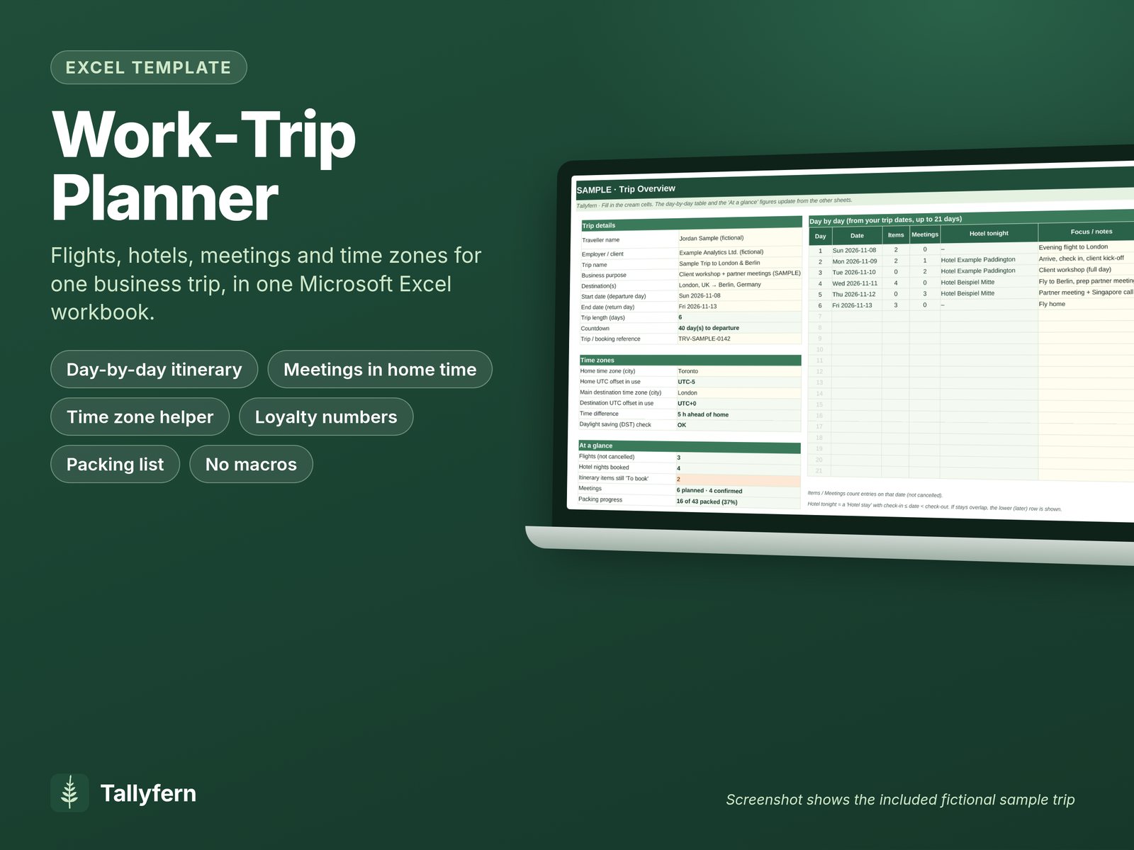 Cover image for the Work-Trip Planner: a laptop showing the Trip Overview sheet with trip details, home and destination time zones, an at-a-glance summary and a day-by-day plan, using a fictional sample trip to London and Berlin.