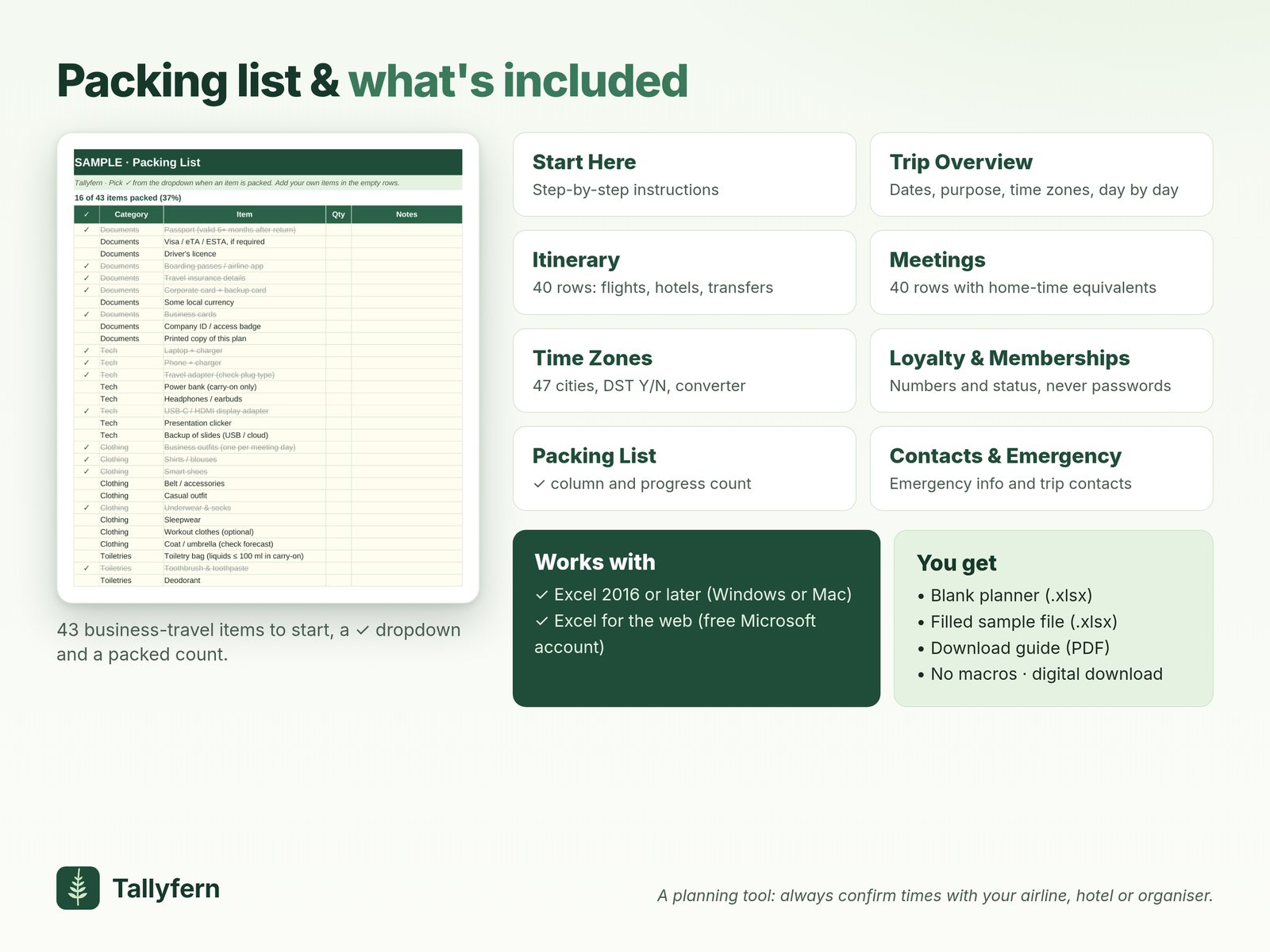 Packing list and what’s included: a 43-item business packing list with a packed count, plus Start Here, Trip Overview, Itinerary, Meetings, Time Zones, Loyalty & Memberships and Contacts & Emergency sheets; works with Excel 2016 or later and Excel for the web.